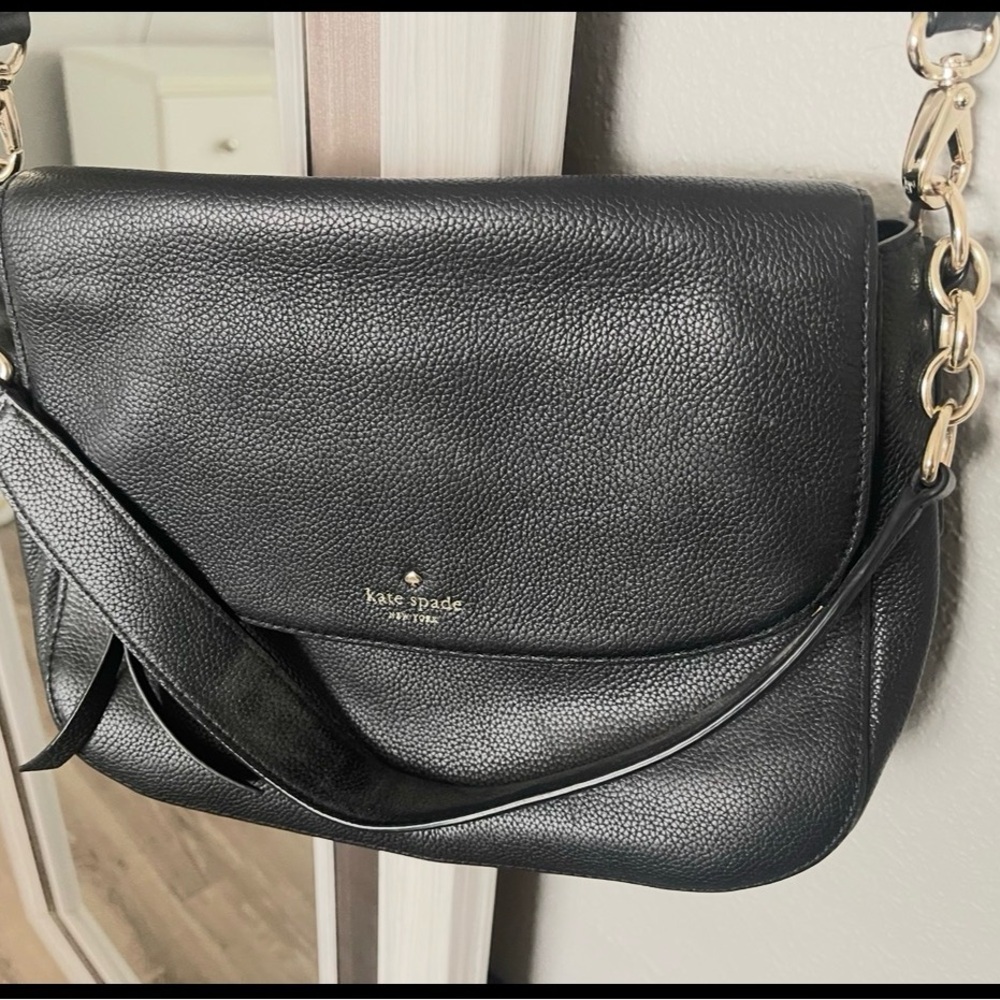 kate spade Black Pebbled Leather Shoulder Bag with Gold Chain